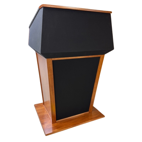 Presidential plus evolution podium with built in sound system and self-aligning magnetic lectern logo front panel.