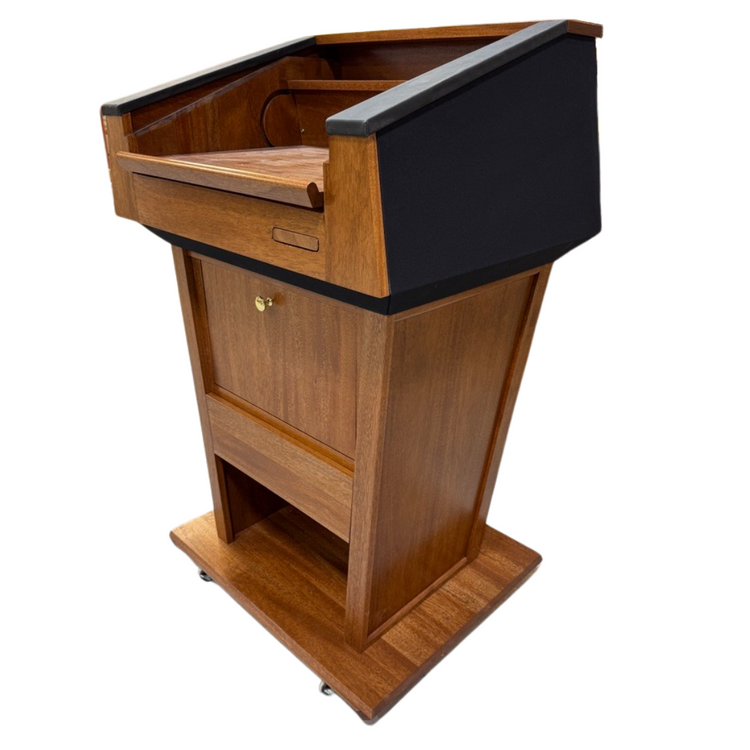 Presidential plus evolution podium with built in sound system and self-aligning magnetic lectern logo front panel.
