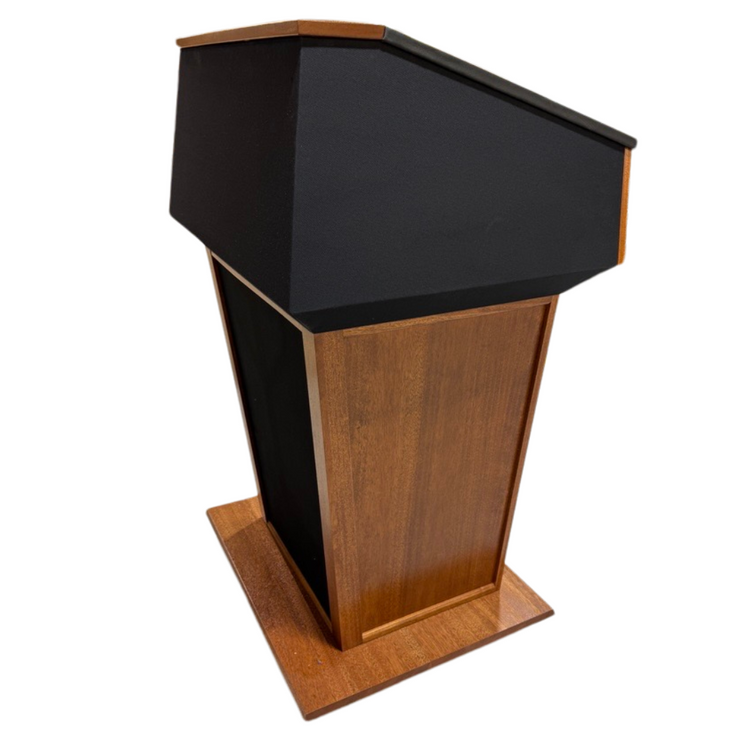 Presidential plus evolution podium with built in sound system and self-aligning magnetic lectern logo front panel.