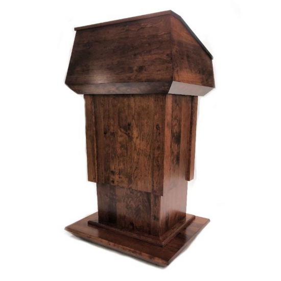 Presidential Plus Lift Large Height Adjustable Podium, featuring a solid wood construction with a sleek, polished finish. 