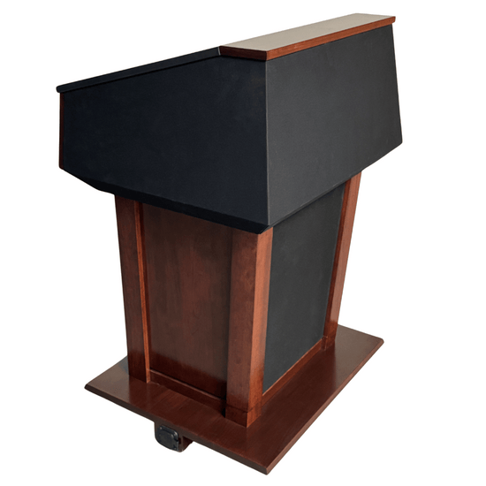 Large presidential height-adjustable wooden podium with built-in sound system, retractable microphone, LED light, and clock.