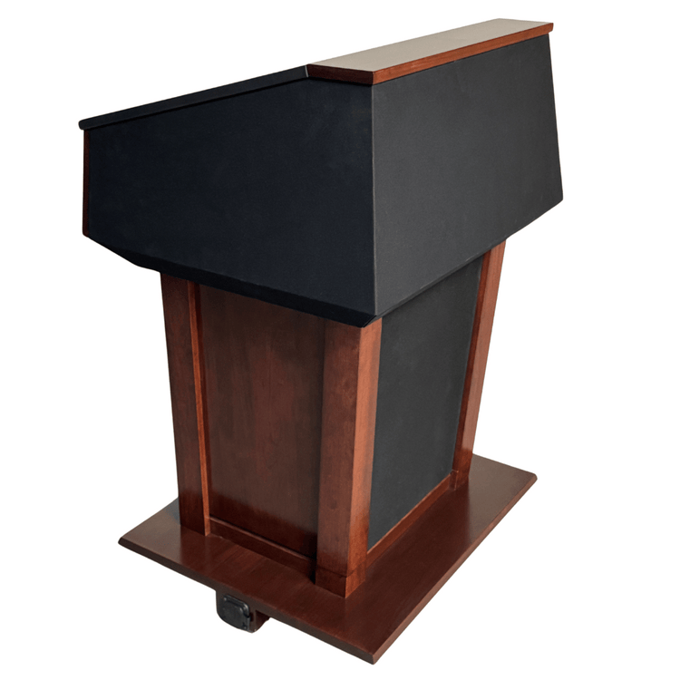 Height-adjustable wooden podium with built-in sound system, LED light, microphone, and magnetic auto-aligning logo plaque system.