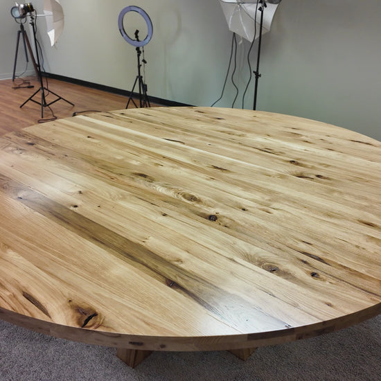 Luxury round conference table handcrafted from solid rustic hickory, 72-inch diameter, perfect for executive offices and dining areas.