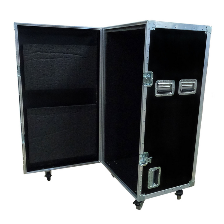 Heavy-duty lectern travel case with rugged construction, secure latches, rolling wheels, and custom size options for safe transport.