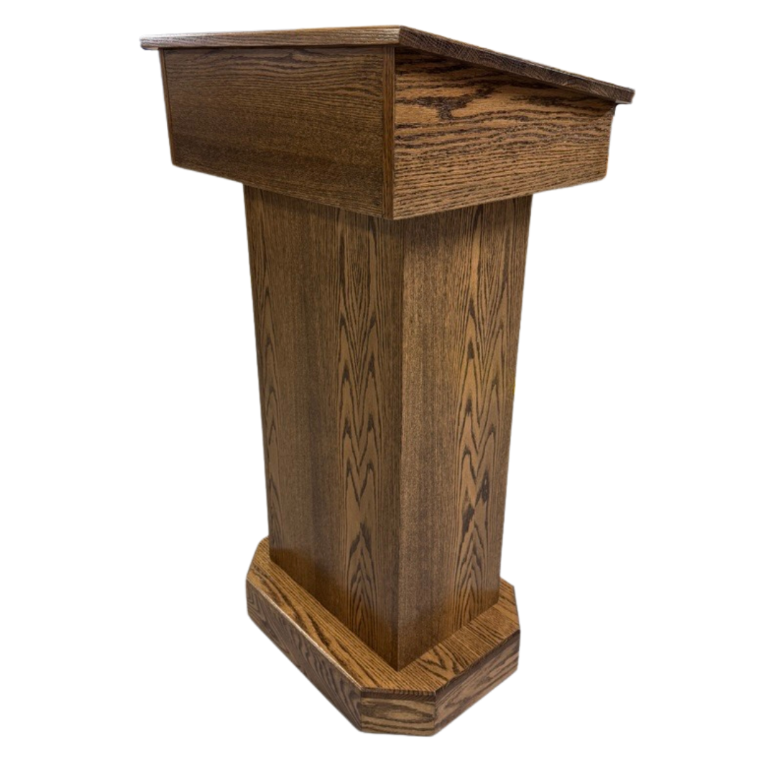 Senator Lectern – Solid red oak podium with storage, hidden casters, and a removable shelf. Handcrafted in the USA.