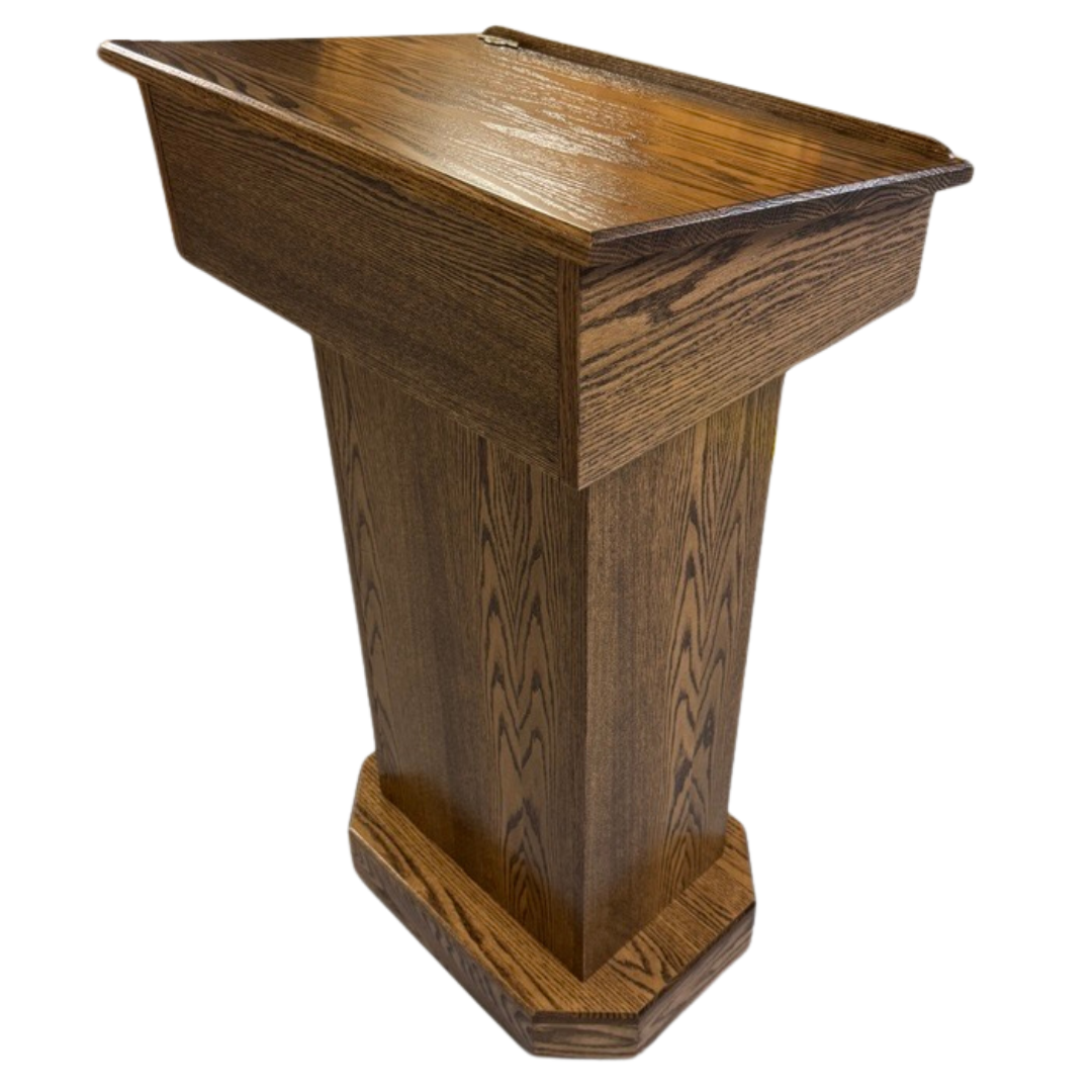 Senator Lectern – Solid red oak podium with storage, hidden casters, and a removable shelf. Handcrafted in the USA.