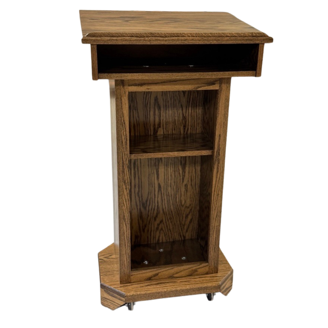 Senator Lectern – Solid red oak podium with storage, hidden casters, and a removable shelf. Handcrafted in the USA.
