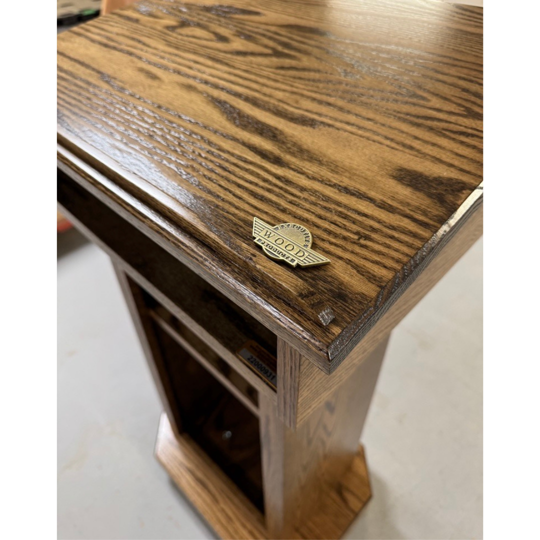 Senator Lectern – Solid red oak podium with storage, hidden casters, and a removable shelf. Handcrafted in the USA.