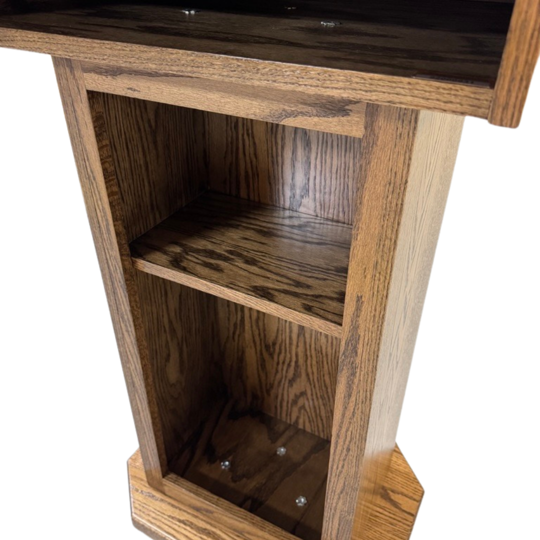 Senator Lectern – Solid red oak podium with storage, hidden casters, and a removable shelf. Handcrafted in the USA.