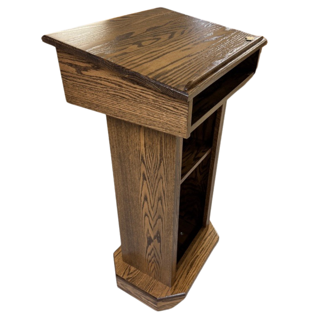 Senator Lectern – Solid red oak podium with storage, hidden casters, and a removable shelf. Handcrafted in the USA.