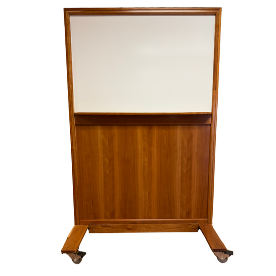 Portable NIJ Level III ballistic panel with a whiteboard, tackable surface, and locking casters for school safety and security.