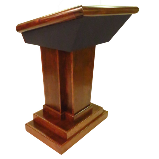 Handcrafted Titan Lectern with solid wood trim, large work surface, XLR ports, and hidden book storage, built for professional presentations.