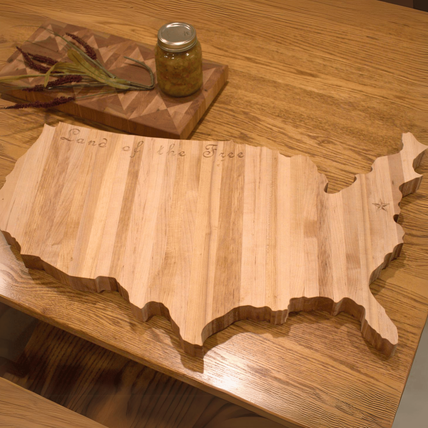 Handcrafted USA charcuterie board in butcher block style, made from American Maple with 'Land of the Free' engraving and DC star.