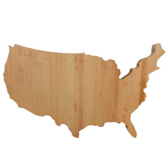 Handcrafted USA charcuterie board in butcher block style, made from American Maple with 'Land of the Free' engraving and DC star.