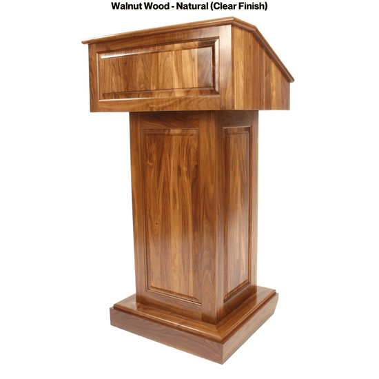 Counselor™ Podium, handcrafted in the USA with premium hardwood, adjustable work surface, built-in storage, and hidden casters.