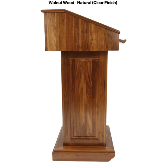 Counselor™ Podium, handcrafted in the USA with premium hardwood, adjustable work surface, built-in storage, and hidden casters.