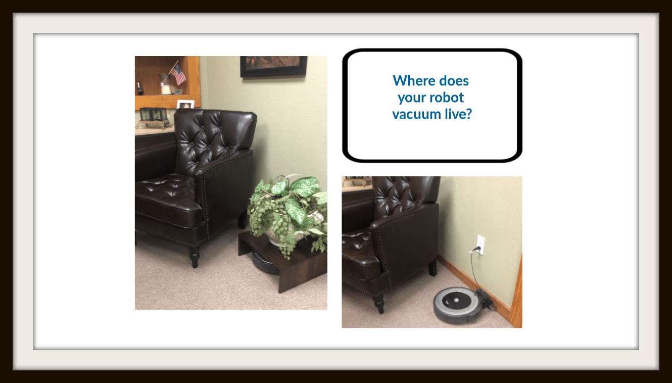 Solid hardwood robot vacuum cover with dovetail joinery, open-back design for easy docking, and optional tile top inlay. Made in the USA.