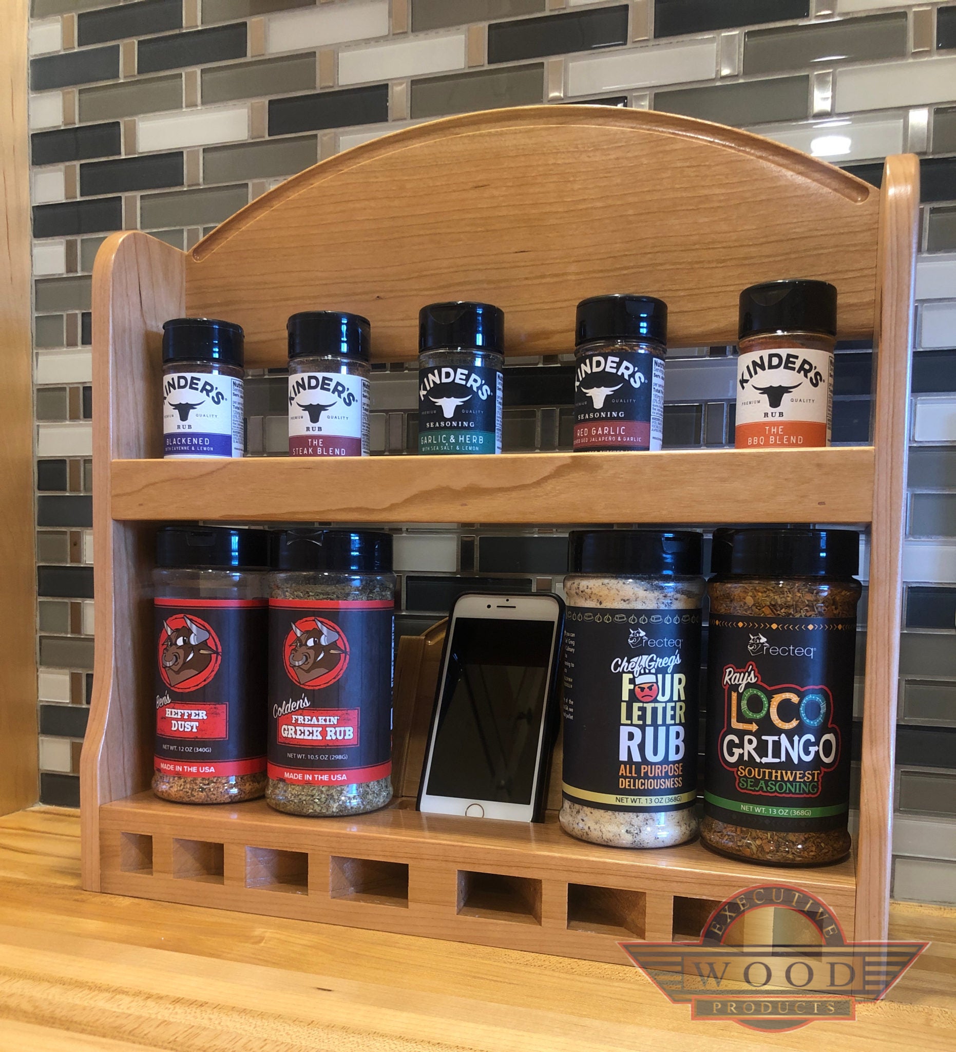 SmartSpice Spice rack. Wood handcrafted technology charging phone. Creative wooden item