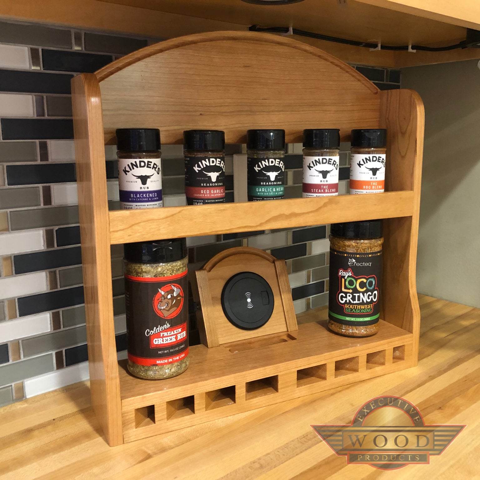 SmartSpice Spice rack. Wood handcrafted technology charging phone. Creative wooden item