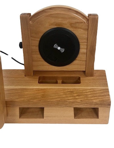 SmartFrame™ wood charging station holds a 5x7 photo, wirelessly charges phones & watches, and amplifies sound. Made in USA.